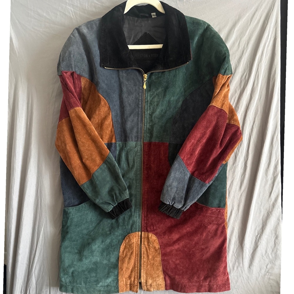 VTG Preston & York Suede Patchwork Jacket M Multicolor Retro Colorblock 70s 80s